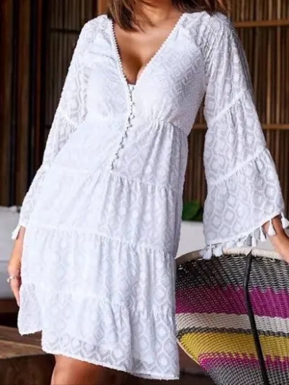 Boston Proper White Flowy Long Sleeve Minidress W Fringe-Medium